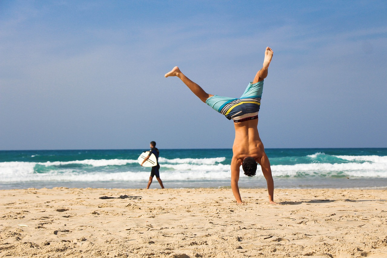 Handstand, Papludimys, Jūra, Vandenynas, Smėlis, Pratimas, Jaunas, Fitnesas, Gamta, Saulė