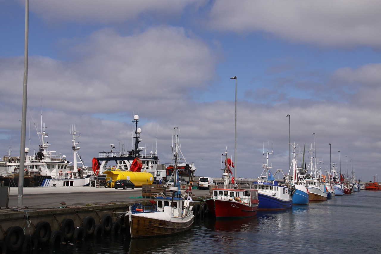 Hanstholm, Uostas, Jutland, Denmark, Žuvininkystė, Valtys, Laivai, Prieplauka, Krantinė, Cloudscape