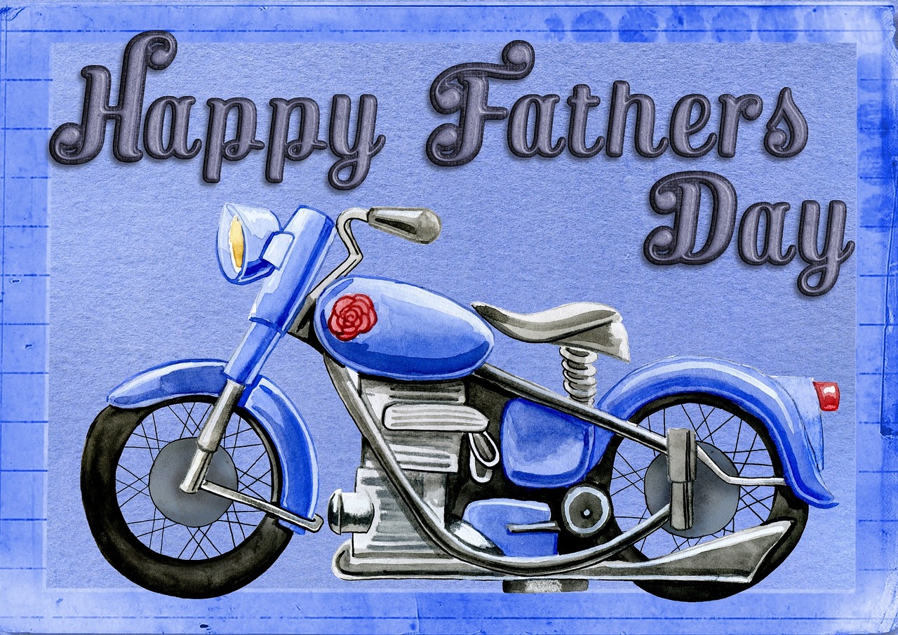 Laimingos Tėvo Dienos, Kortelė, Pasveikinimas, Motociklas, Dviratis, Mėlynas, Vyriškas, Vyrai, Tėtis, Tėvo Diena