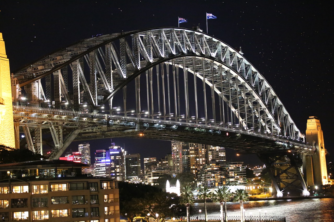 Uosto Tiltas Sidnėjus, Sidnėjus, Nsw, Naktinis Tiltas, Uostas, Miesto Panorama, Vanduo, Pastatas, Kelionė, Įlanka