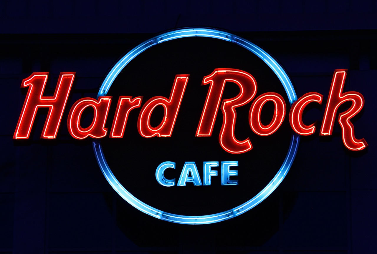 Hard Rock Cafe, Neonas, Reklama, Apšviestas, Ženklas, Skelbimas, Šviesa, Reklamuoti, Žėrintis, Retro