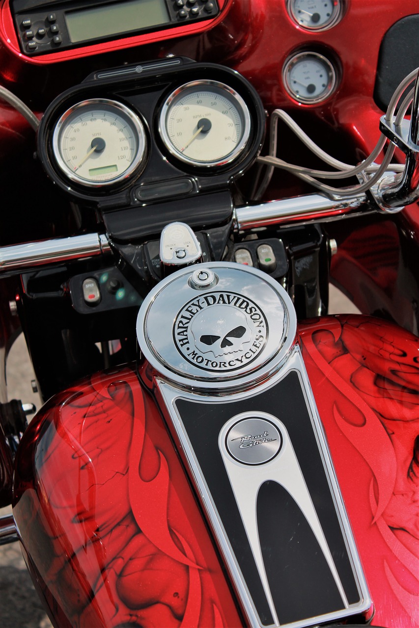 Harley Davidson, Motociklas, Raudonas Motociklas, Kaukolės Emblema, Dviratis, Važiuoti, Kelias, Gabenimas, Laisvė, Greitis
