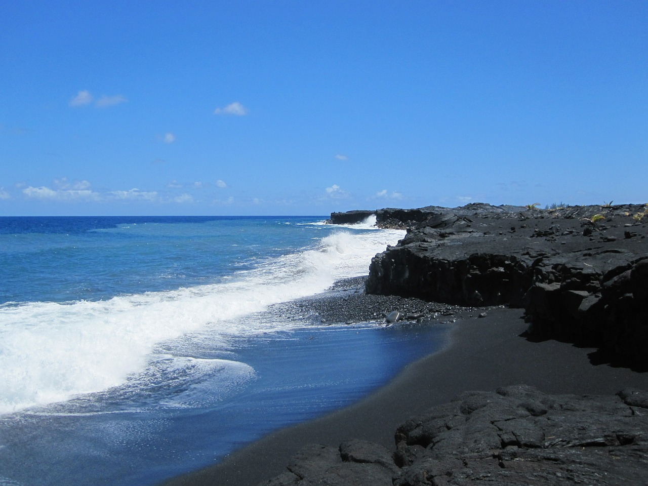 Hawaii, Lava, Vulkanas, Jūra, Kranto, Šventė, Ramiojo Vandenyno Regionas, Vandenynas, Mėlynas, Juoda