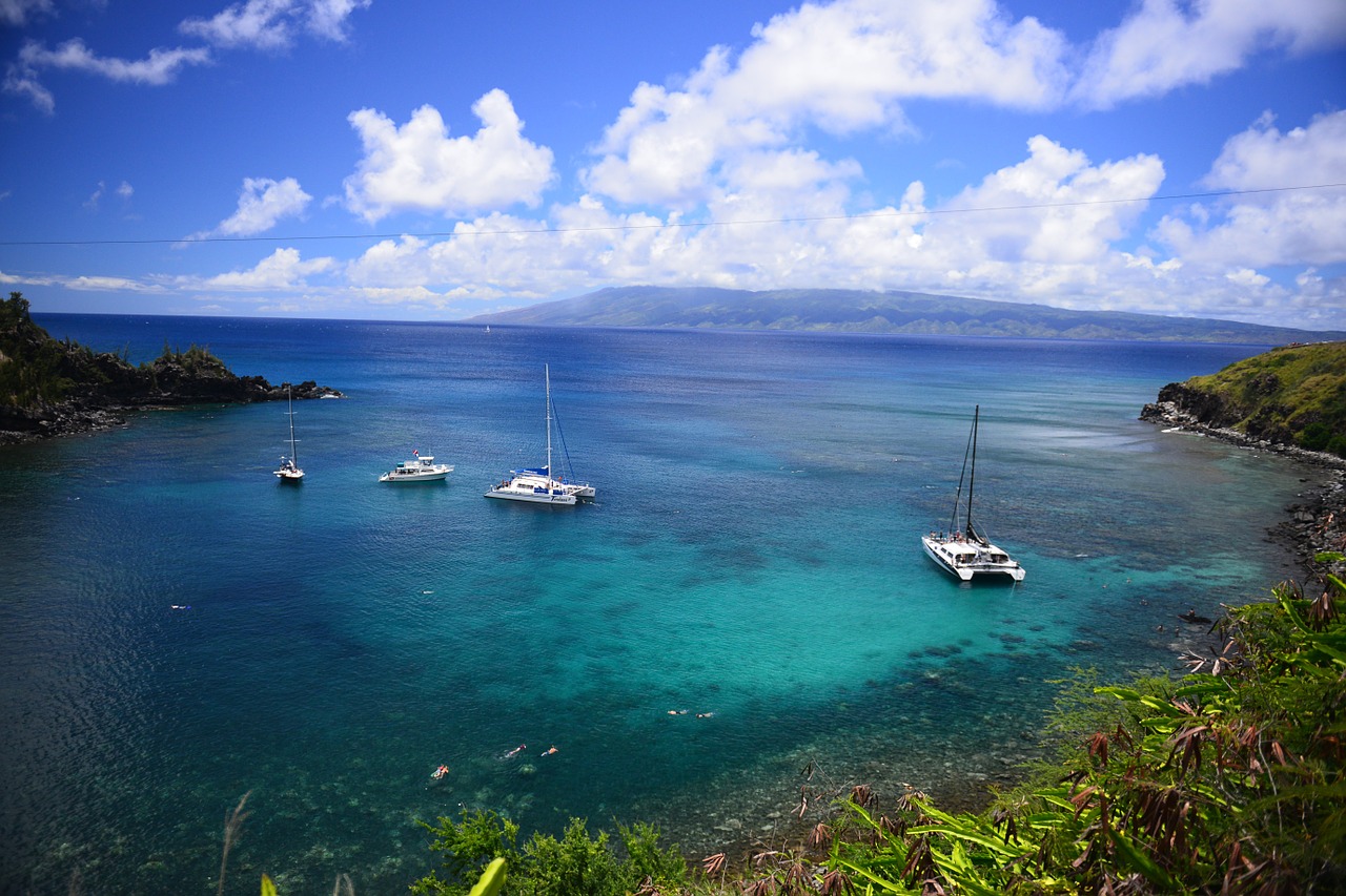 Hawaii, Maui, Snorkelis, Atogrąžų, Valtys, Įlanka, Debesys, Gamta, Kelionė, Atostogos