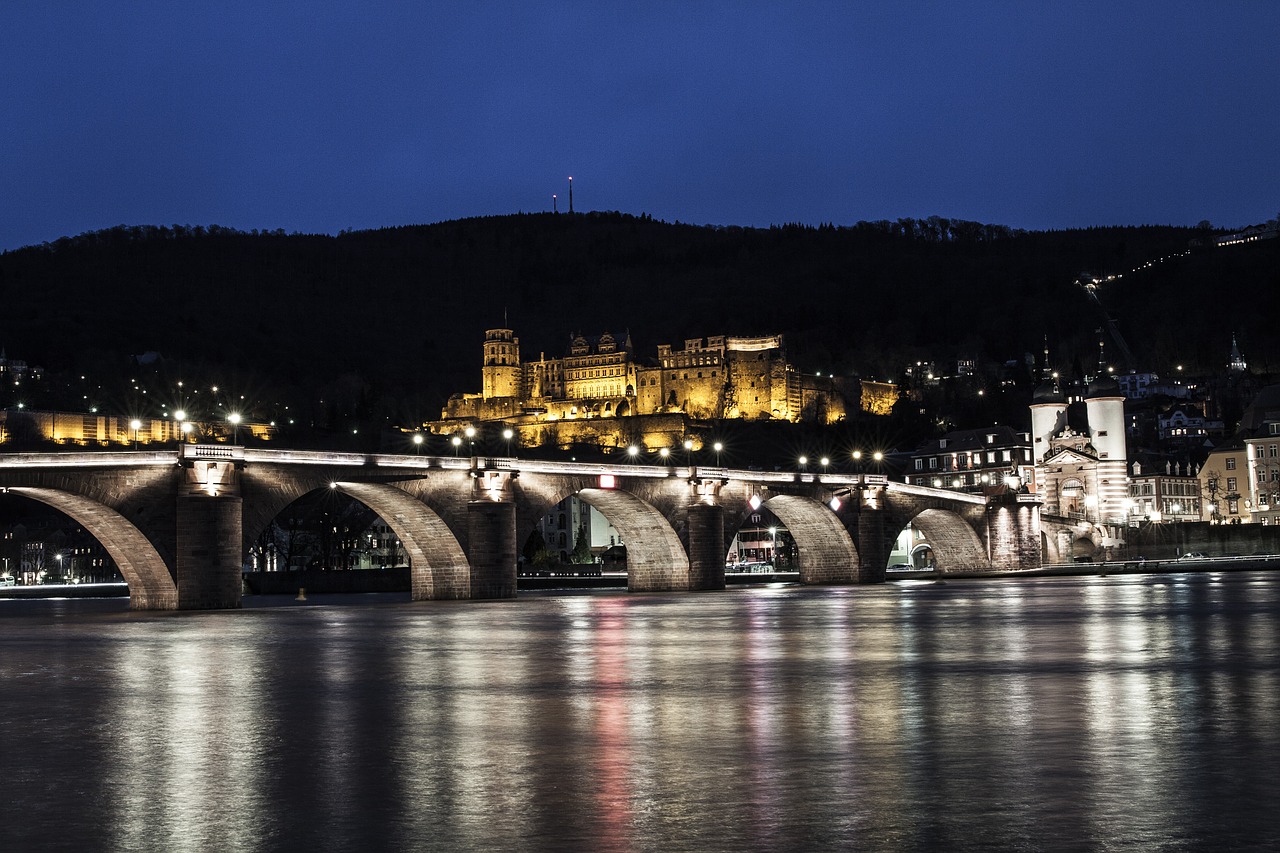 Heidelbergas, Pilis, Architektūra, Apšvietimas, Naktis, Heidelberger Schloss, Tvirtovė, Neckar, Baden Württemberg, Senas Tiltas