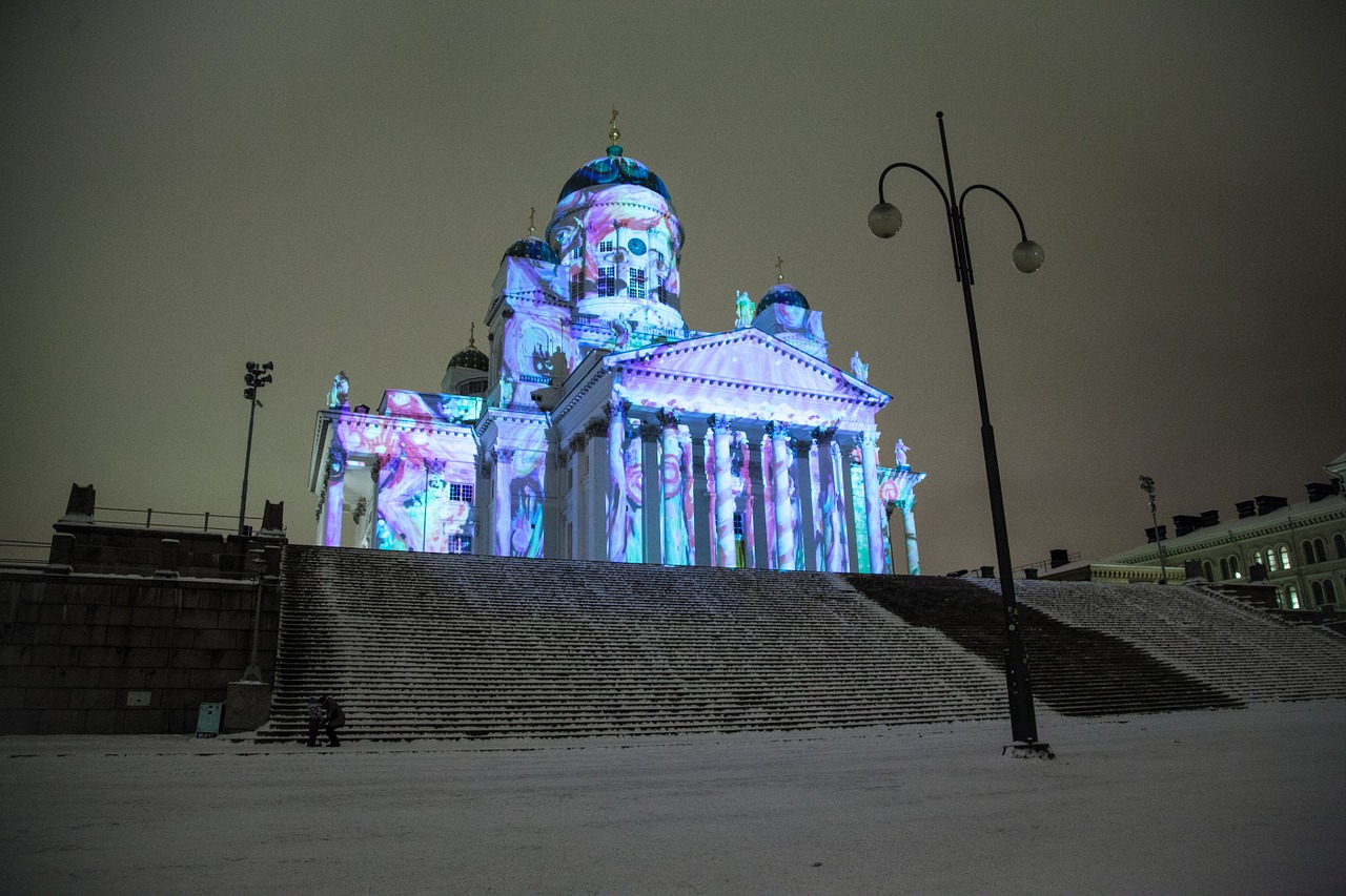 Helsisinkio Katedra, Lux Helsinki, Šviesos Šou, Sniegas, Turizmas, Bažnyčia, Monumentalus, Pastatas, Eksterjeras, Žiema