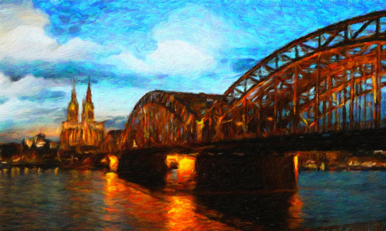 Hohenzollern Tiltas, Abstraktus, Tiltas, Kelnas, Architektūra, Apšviestas, Grafika, Spalvinga, Žibintai, Perspektyva
