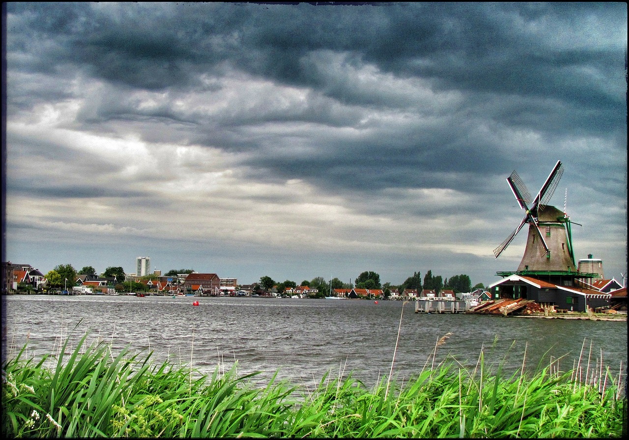 Holland, Zaanse Schans, Vėjo Malūnas, Audra, Architektūra, Panorama, Miestas, Vaizdas, Miesto, Vaizdingas