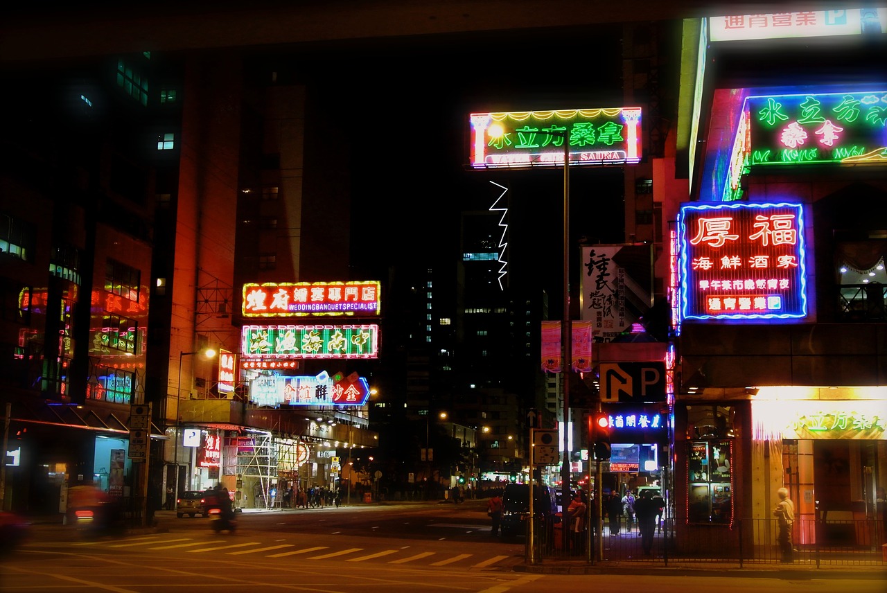 Honkongas, Neonas, Pastatas, Hong, Kong, Miestas, Šviesa, Naktis, Kelionė, Miesto Panorama