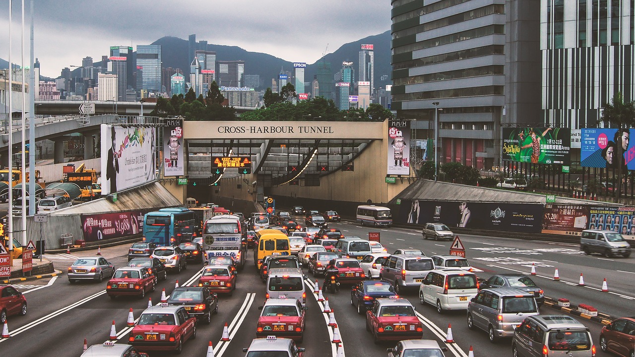 Honkongas, Gatvės Vaizdas, Centrinis, Eismas, Perkrautas, Feng Gao, Tunelis, Automobiliai, Taksi, Pakabintas Hom