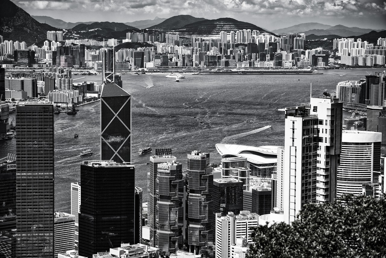 Honkongas, Juoda Ir Balta, Panorama, Dangoraižis, Architektūra, Sw, Stiklo Fasadai, Miesto Centras, Biurų Pastatas, Debesys