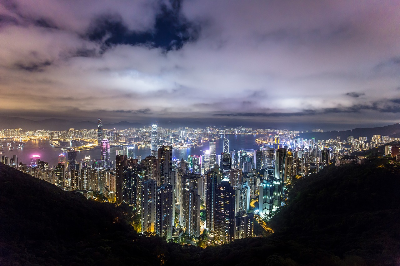 Honkongas, Miestas, Naktis, Kinija, Asija, Miesto, Žibintai, Dangoraižiai, Miesto Panorama, Centro