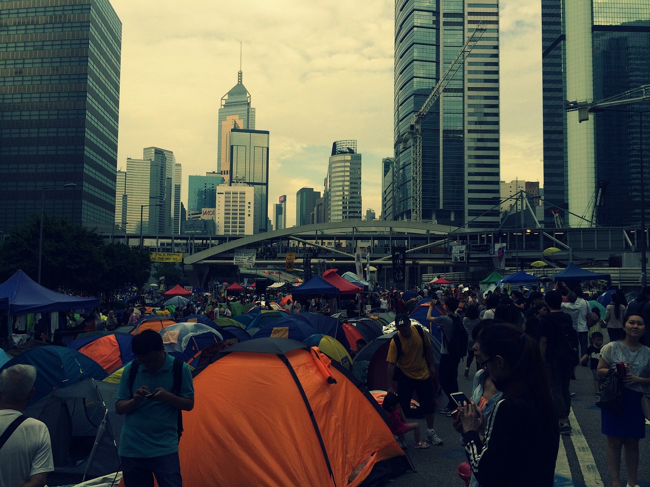 Honkongas, Protestas, Palapinės, Žmonės, Gatves, Minios, Užsiėmes, Pastatai, Miestas, Architektūra