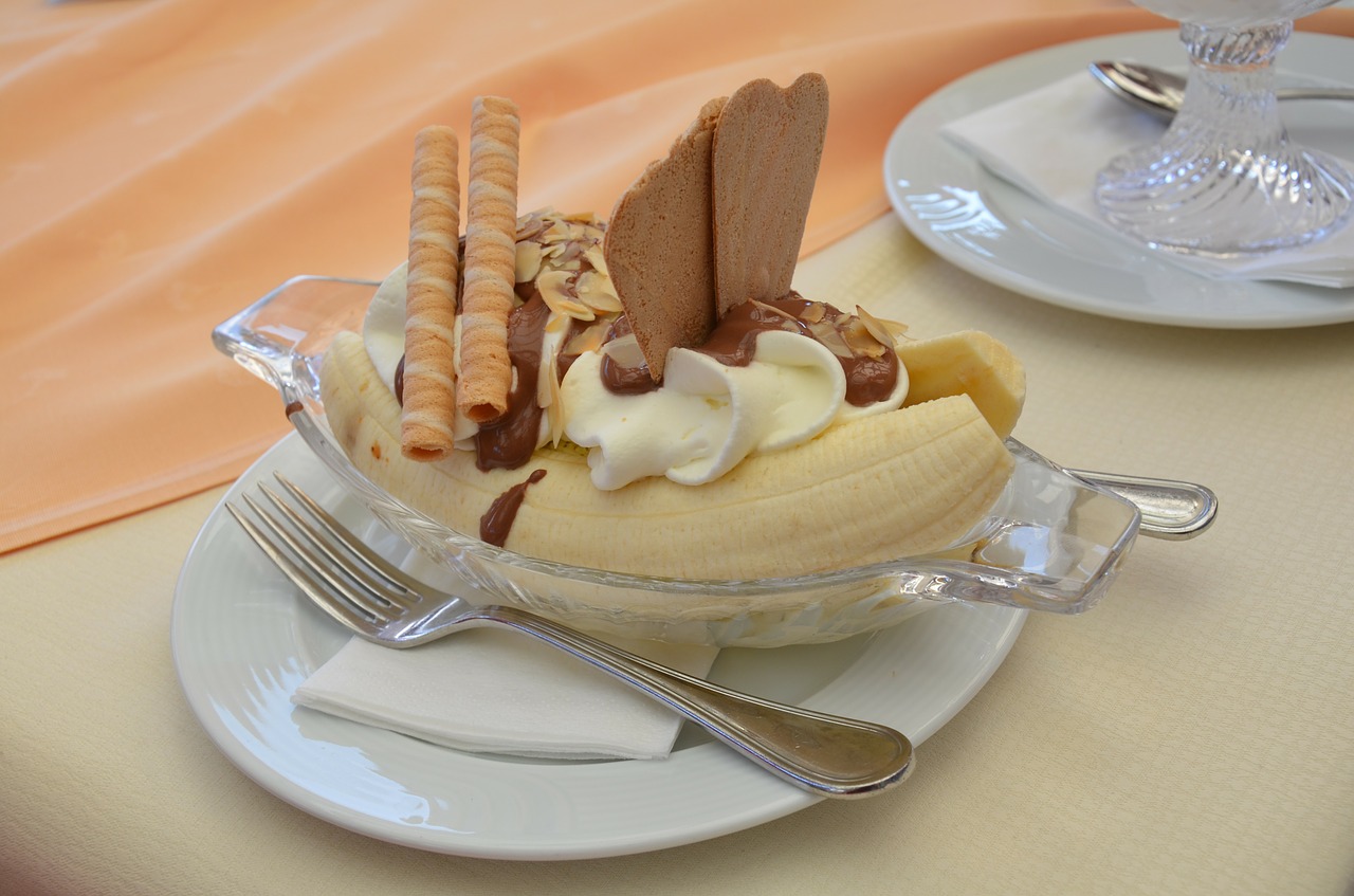 Ledas, Desertas, Banana Split, Vaflė, Grietinėlė, Šakutė, Padengti, Skanus, Saldus, Bananas