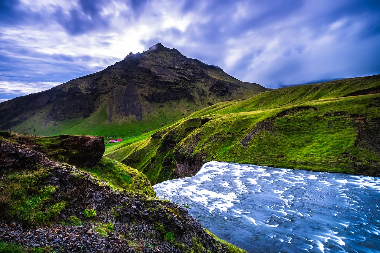 Iceland, Kalnai, Dangus, Debesys, Upė, Srautas, Slenksčiai, Kritimo, Krioklys, Kraštovaizdis