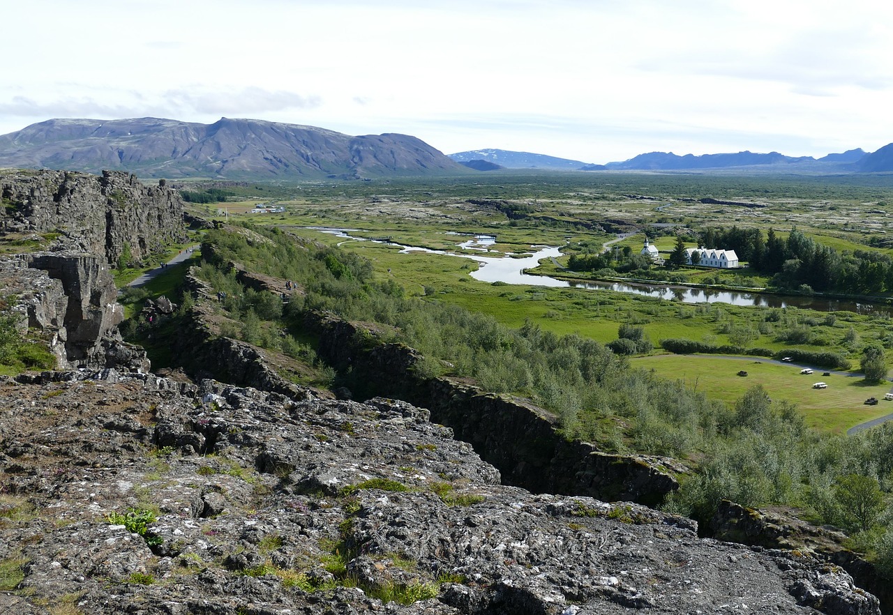 Iceland, Thingvellir, Kraštovaizdis, Rokas, Įtrūkimai, Kontinentinės Plokštės, Kontinentinis Poslinkis, Panorama, Upė, Kalnai