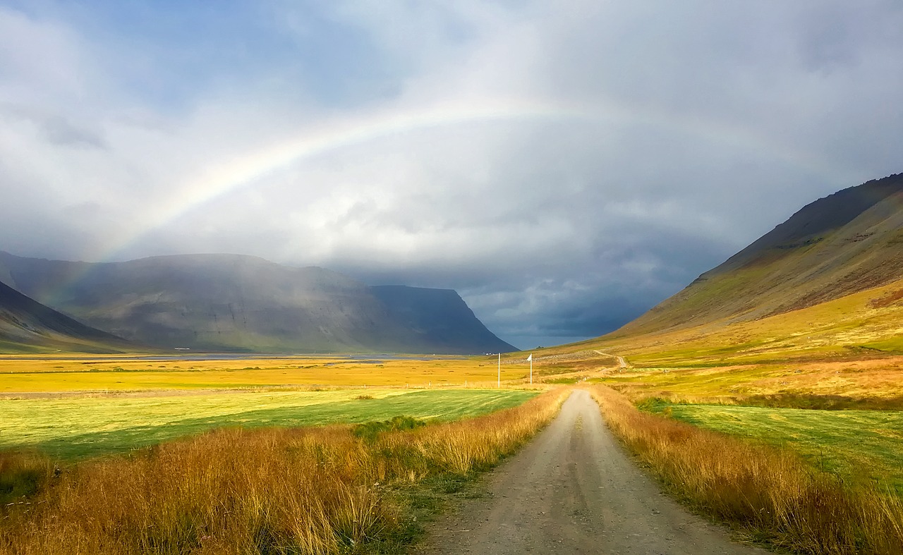 Iceland, Vaivorykštė, Dangus, Debesys, Rūkas, Purvo Kelias, Turizmas, Kraštovaizdis, Gamta, Lauke