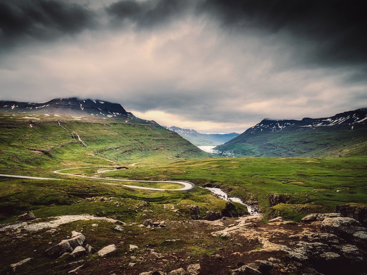 Iceland, Saulėlydis, Dusk, Debesys, Dangus, Kraštovaizdis, Kalnai, Srautas, Slėnis, Turizmas