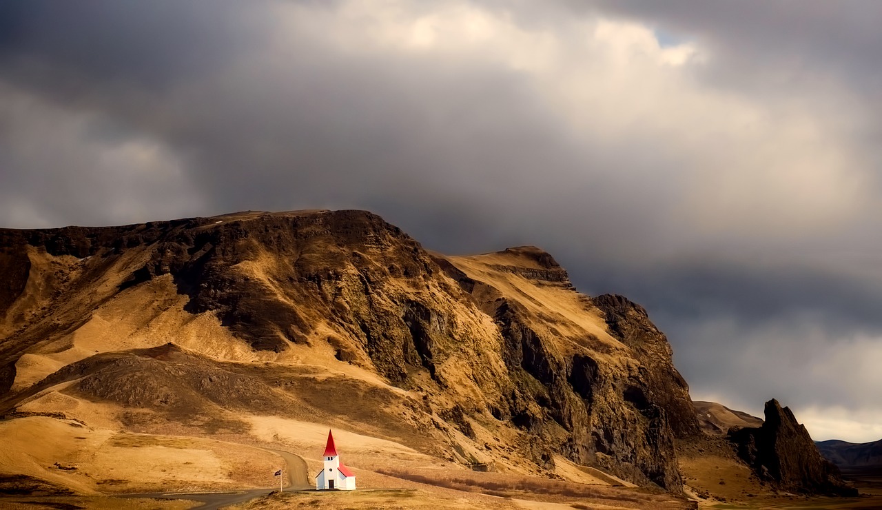 Iceland, Bažnyčia, Dangus, Debesys, Panorama, Kraštovaizdis, Turizmas, Kalnai, Gamta, Lauke