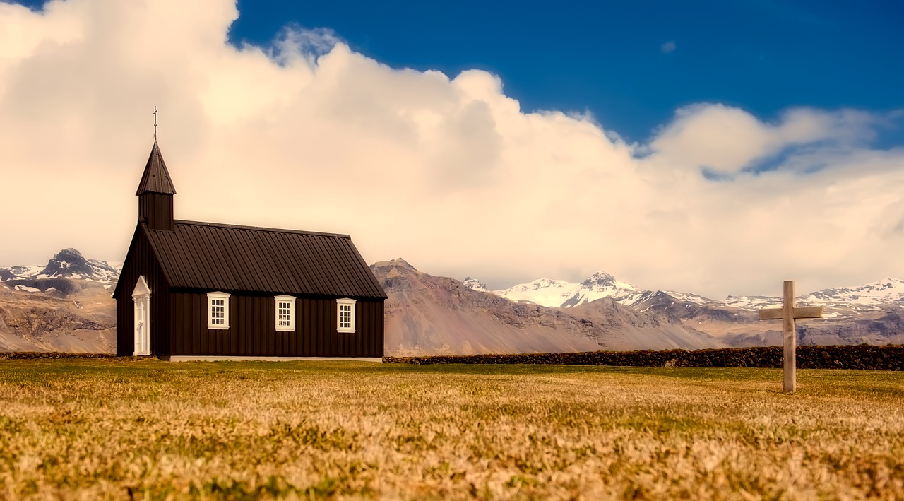 Iceland, Bažnyčia, Koplyčia, Tikėjimas, Religija, Kraštovaizdis, Panorama, Kalnai, Dangus, Debesys