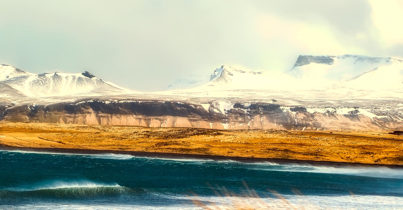 Iceland, Panorama, Jūra, Vandenynas, Kalnai, Žiema, Sniegas, Ledas, Saulėtekis, Rūkas