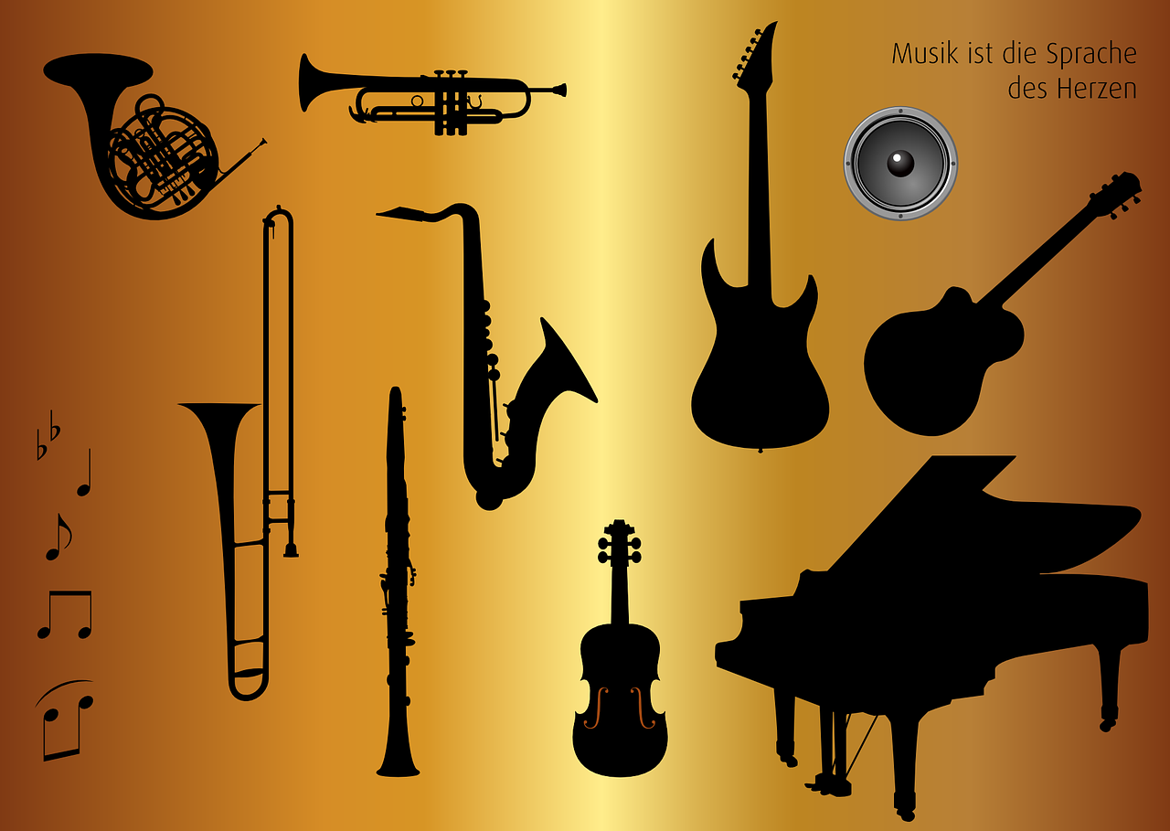 Piktogramų Rinkinys, Muzikos Instrumentai, Muzika, Ragas, Trombonas, Trimitas, Saksofonas, Klarnetas, Gitara, Smuikas