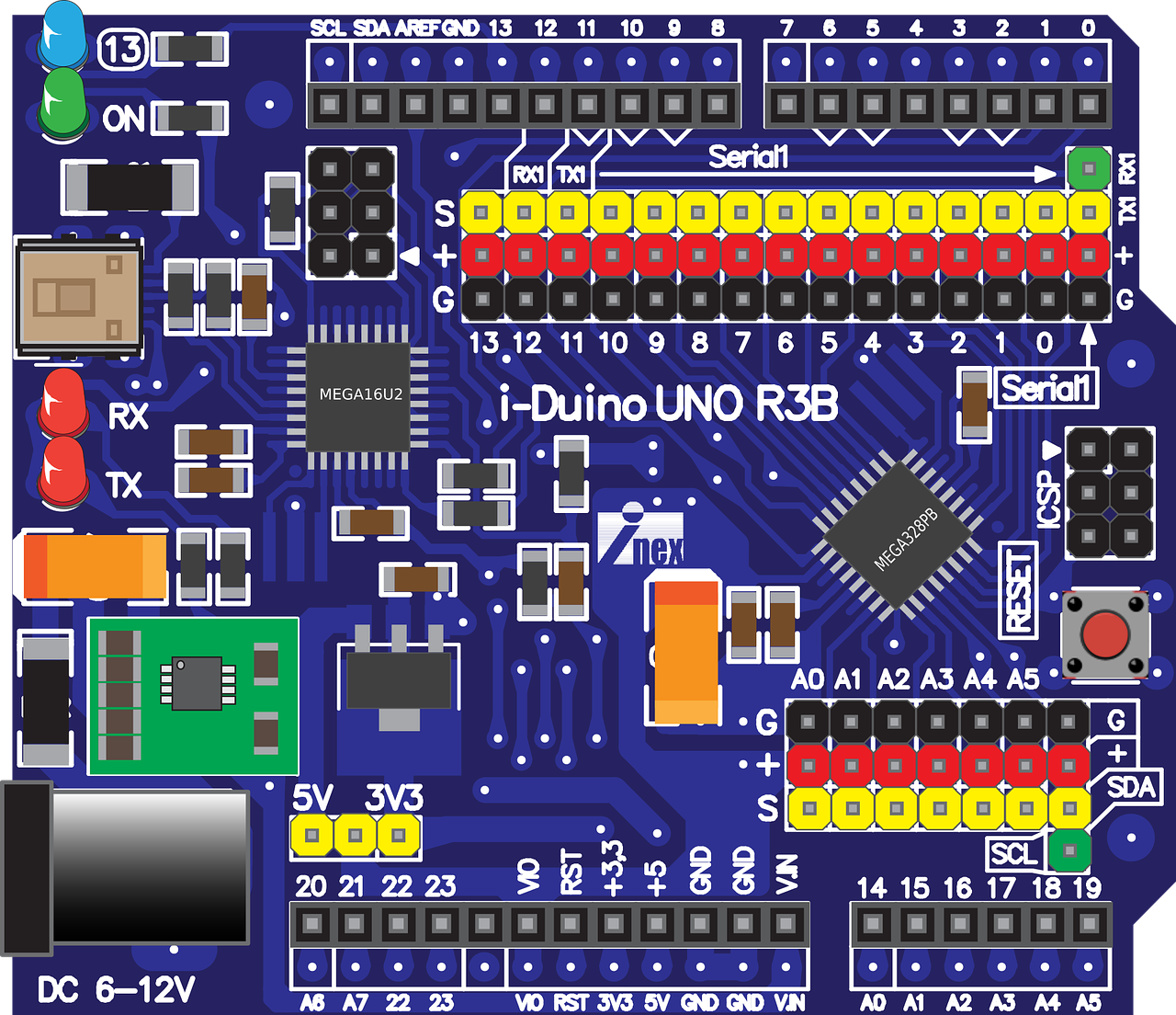 Iduino Uno R3B, Iduino Uno, Iduino, Mikrokontroleris, Arduino, Nepakanka, Roboto Valdiklis, Robotas, Valdytojas, Atmel