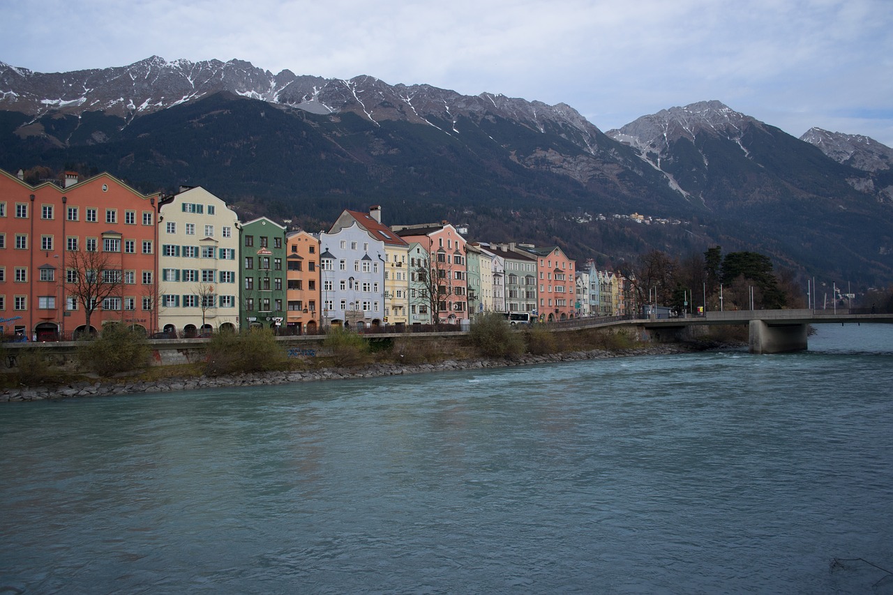 Innsbruck, Tyrol, Upė, Kalnai, Sniegas, Namai, Spalvos, Rokas, Srautas, Foto Pobūdis