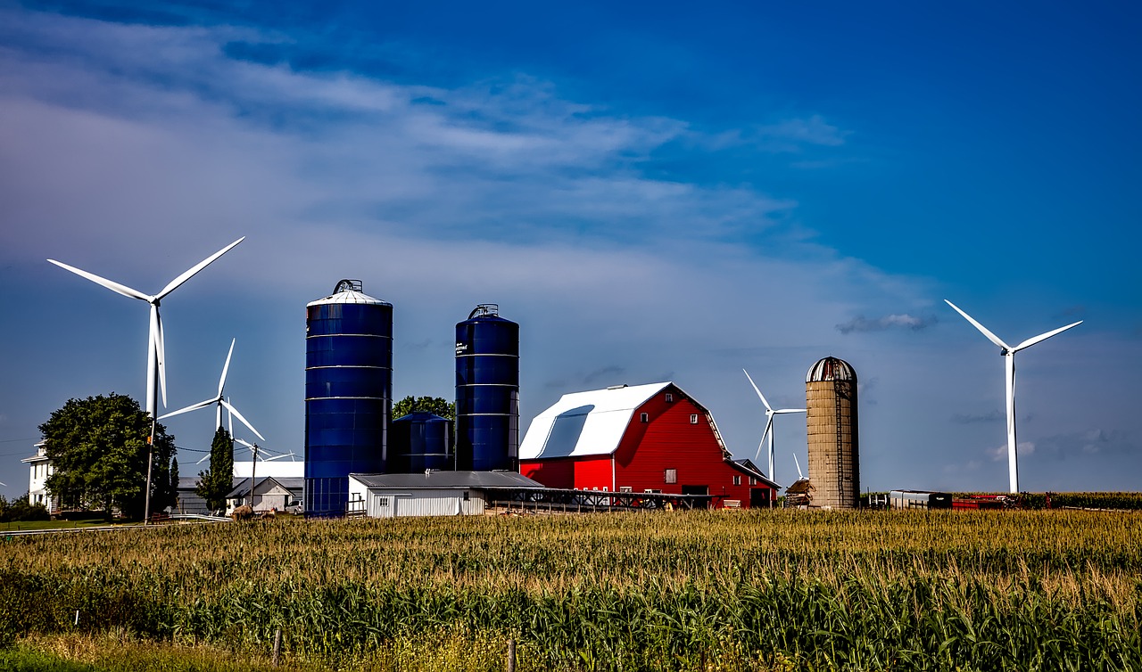 Iowa, Ūkis, Silosai, Tvartas, Vėjo Turbinos, Energija, Žalias, Kukurūzai, Laukas, Žemdirbystė