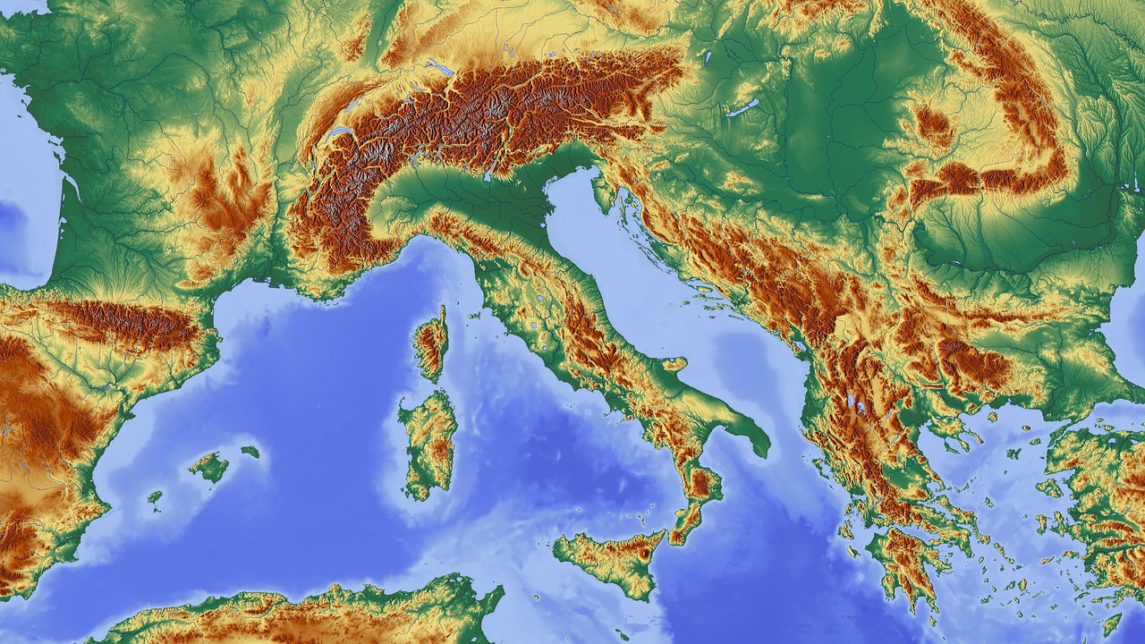 Italy, Alpių, Alpių Regionas, Žemėlapis, Reljefo Žemėlapis, Aukščio Profilis, Aukščio Struktūra, Spalva, Kartografija, Mercatoriaus Projekcija