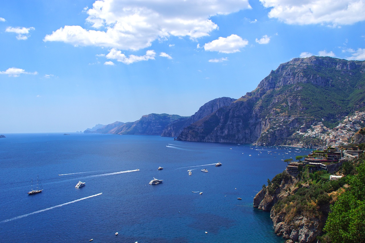 Italy, Jūra, Kraštovaizdis, Amalfi Pakrantė, Valtis, Šventė, Panorama, Rokas, Mėlynas, Pusė