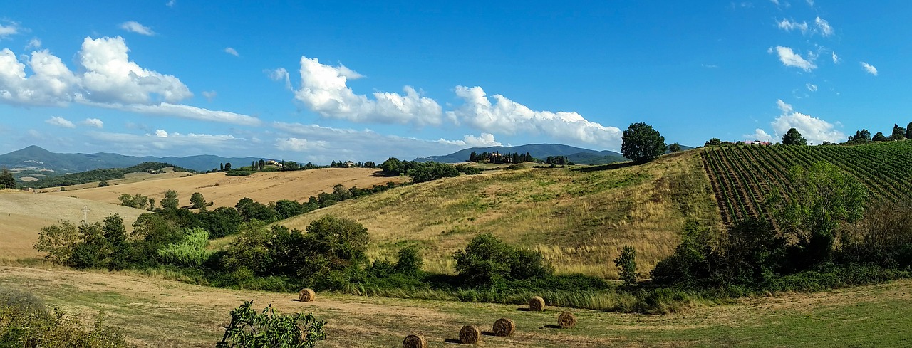 Italy, Toskana, Laukai, Panorama, Šieno Ryšulius, Debesys, Dangus, Kraštovaizdis, Vasara, Nemokamos Nuotraukos