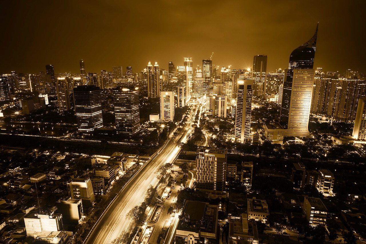 Jakarta, Indonezija, Miestas, Miesto, Miesto Panorama, Centro, Dangoraižiai, Pastatai, Naktis, Vakaras