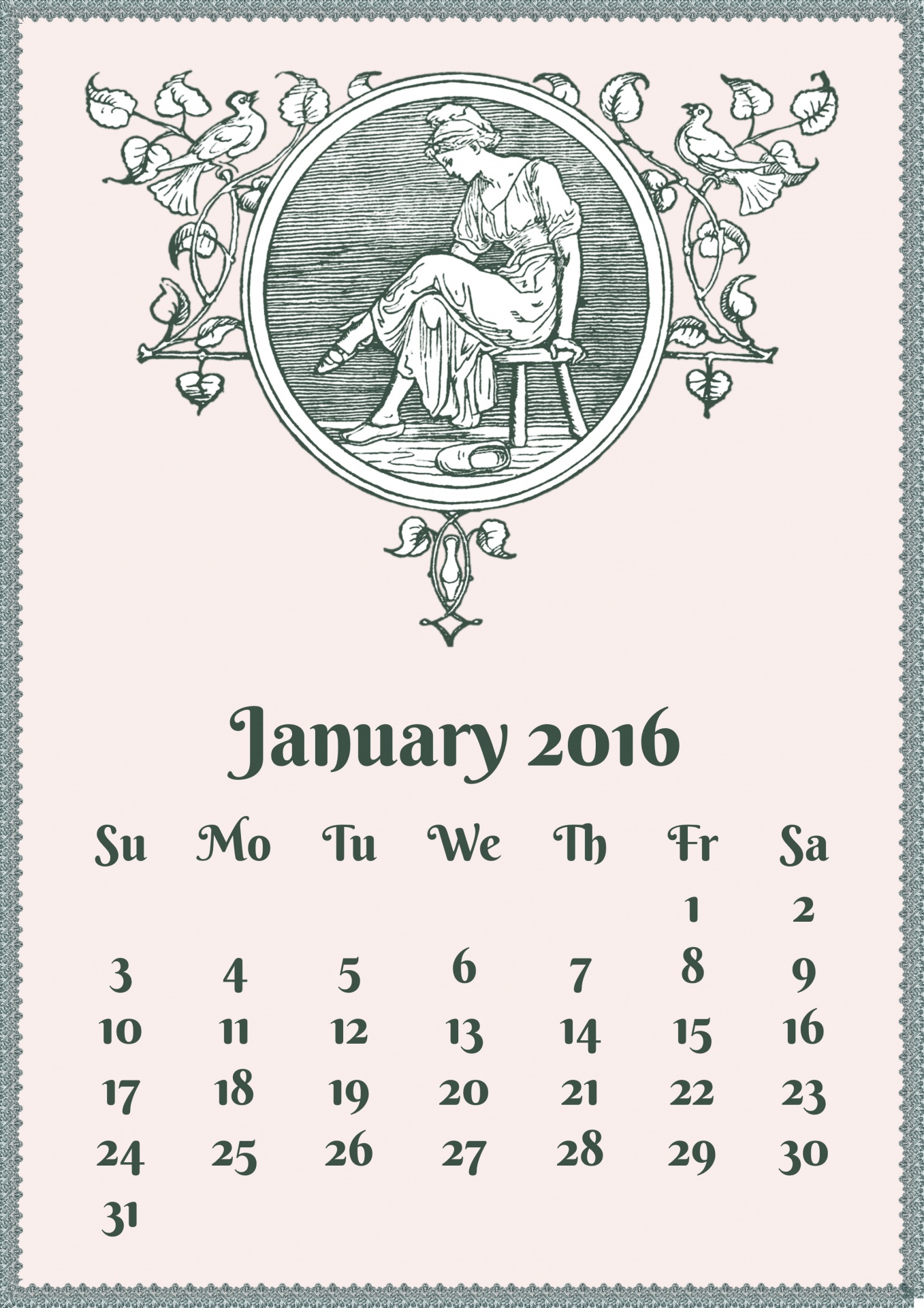 Sausis,  2016,  Kalendorius,  Vintage,  Mergaitė,  Kėdė,  Juoda,  Grietinėlė,  Nėriniai,  Rėmas