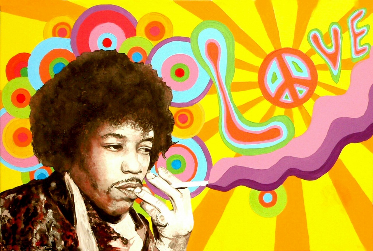 Jimi Hendrix, Hipis, Taika, Meilė, Muzika, Violetinė Migla, Spalvinga, Medžio Drožyba, Festivalis, Menas