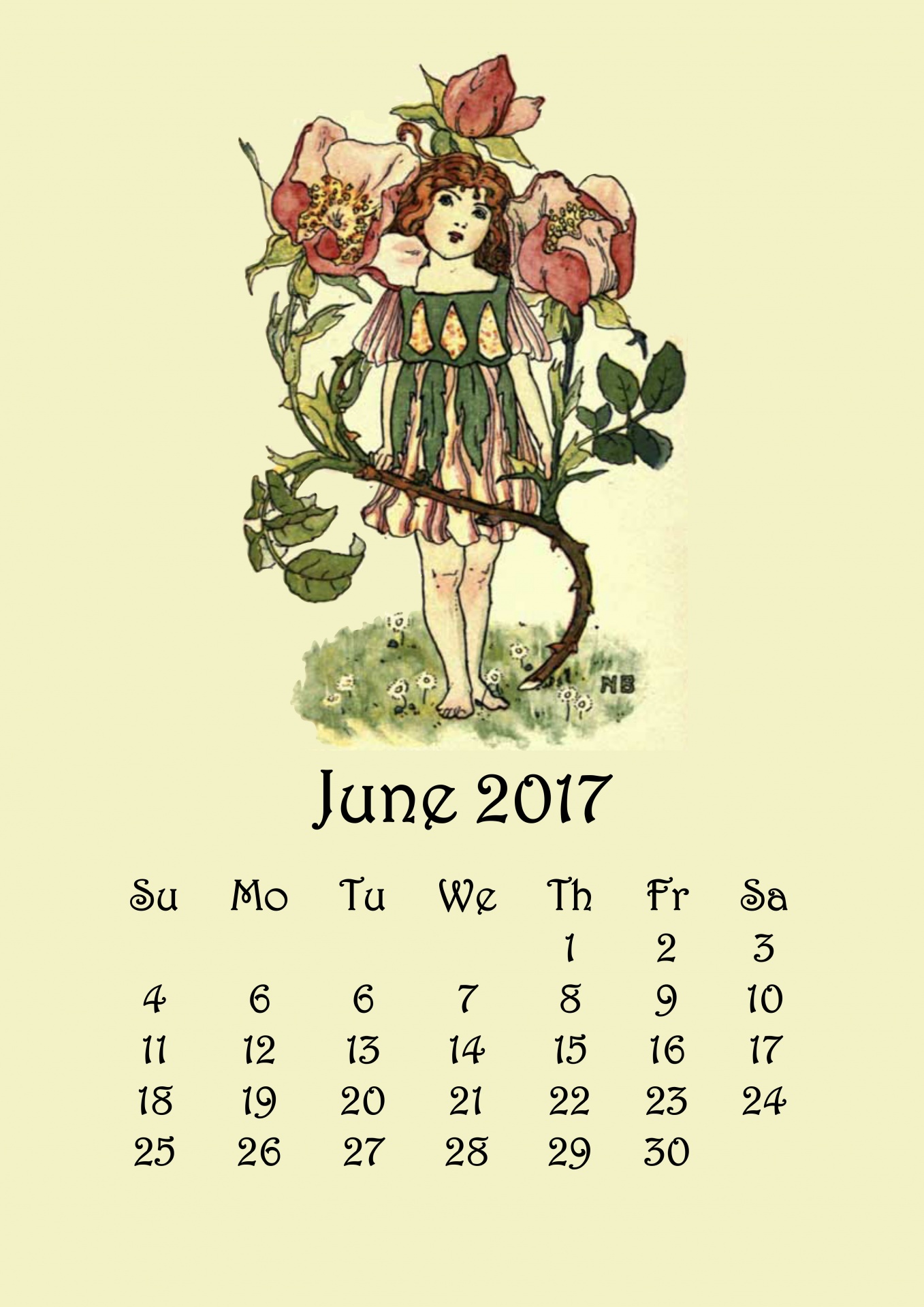 Birželis,  2017,  Kalendorius,  Fėja,  Gėlė,  Nellie & Nbsp,  Benson,  Vintage,  Rožė,  Erškėtis