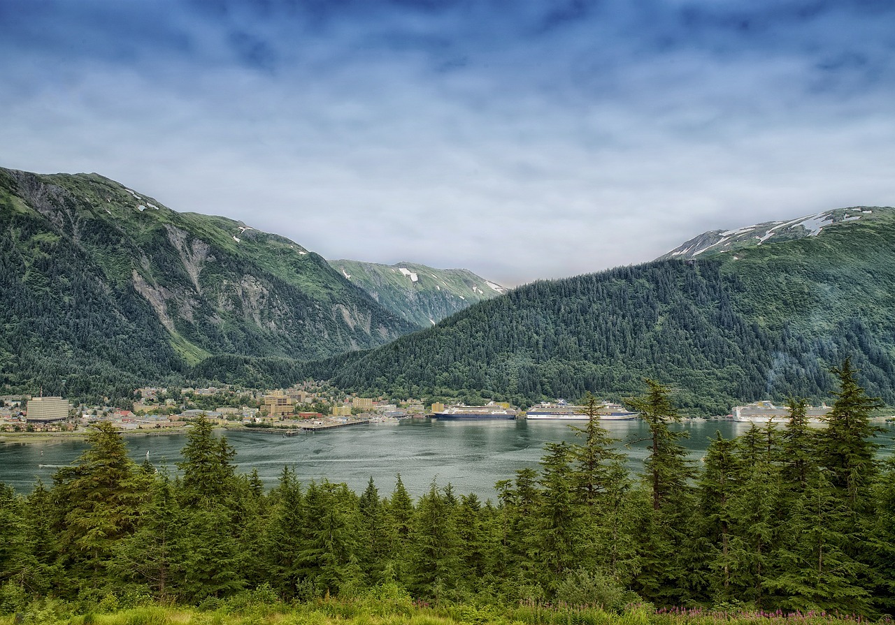 Juneau, Alaska, Miestas, Miestai, Panorama, Dangus, Debesys, Kalnai, Miškas, Medžiai