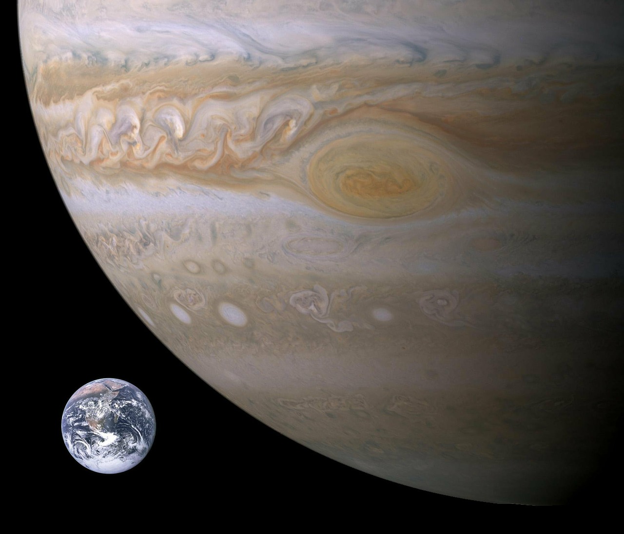 Jupiteris, Planeta, Žemė, Dydžio Palyginimas, Dideli Raudoni Dėmeliai, Erdvė, Kosmoso Kelionės, Saulės Sistema, Nemokamos Nuotraukos,  Nemokama Licenzija
