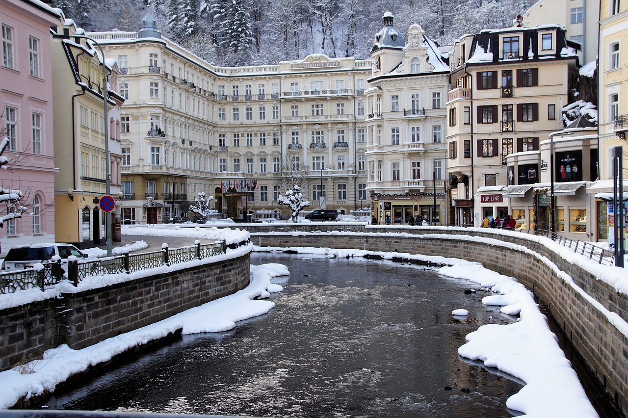 Karlovy Variuosi, Miestas, Centras, Upė, Didysis Viešbutis, Šuniukas, Spa, Čekijos Respublika, Namai, Architektūra