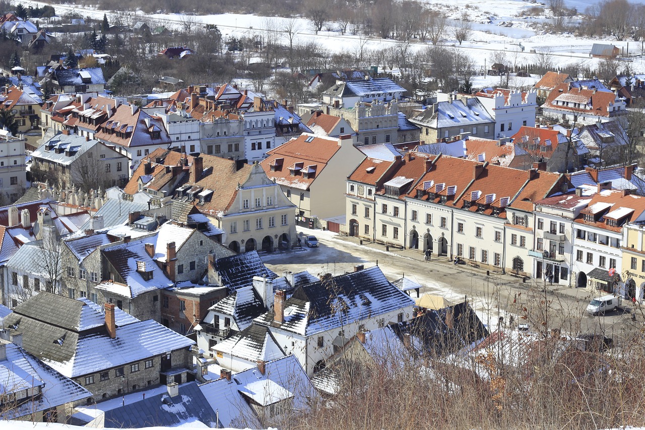 Kazimierz Dolny, Miesto Panorama, Miestas, Vaizdas, Architektūra, Pastatai, Žiema, Sniegas, Lubelskie, Lenkija