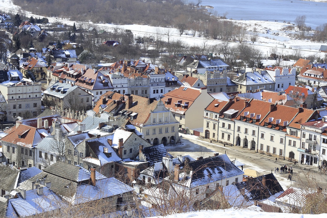 Kazimierz Dolny, Miesto Panorama, Miestas, Vaizdas, Architektūra, Pastatai, Žiema, Sniegas, Lubelskie, Lenkija