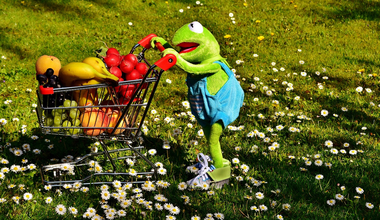 Kermit, Pirkinių Krepšelis, Sveikas Apsipirkimas, Vaisiai, Daržovės, Bananai, Persikai, Vynuogės, Ridikai, Pirkimas