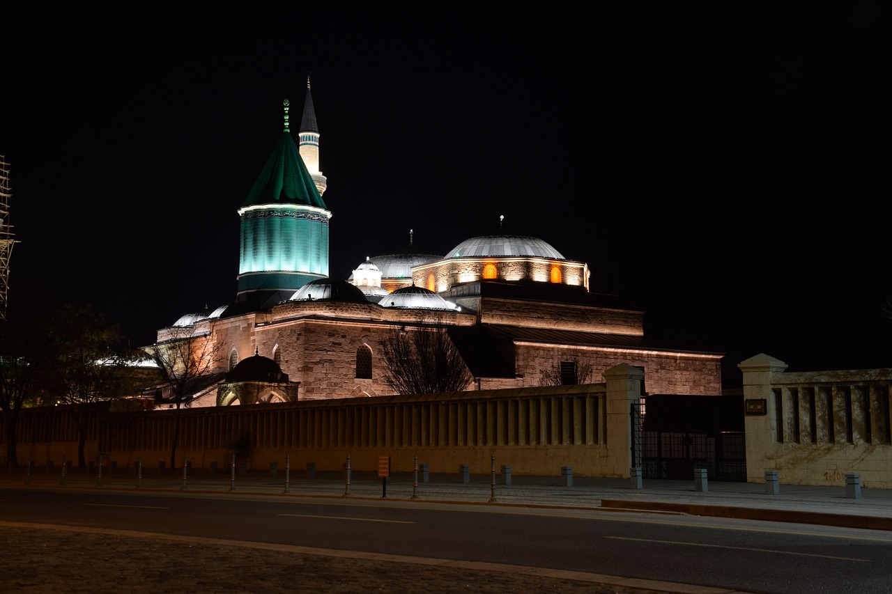 Architektūra, Mevlevi, Konya, Mevlano Muziejus, Islamas, Religija, Orientyras, Naktis, Tamsa, Žibintai