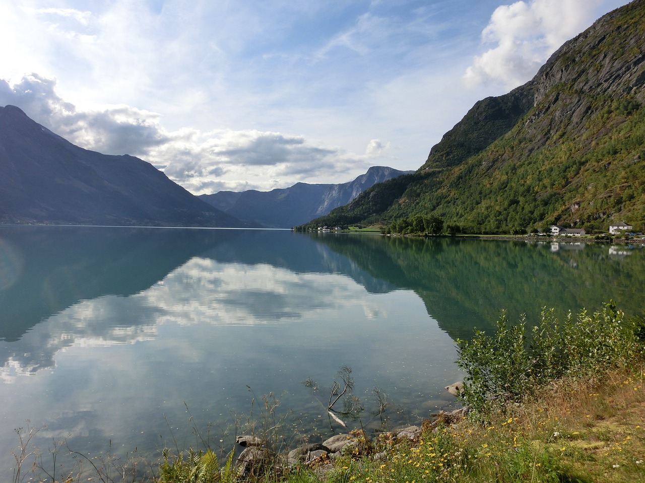 Ežeras, Fjordas, Veidrodis, Dangus, Debesys, Vanduo, Kalnas, Kalnai, Kietas, Tylus