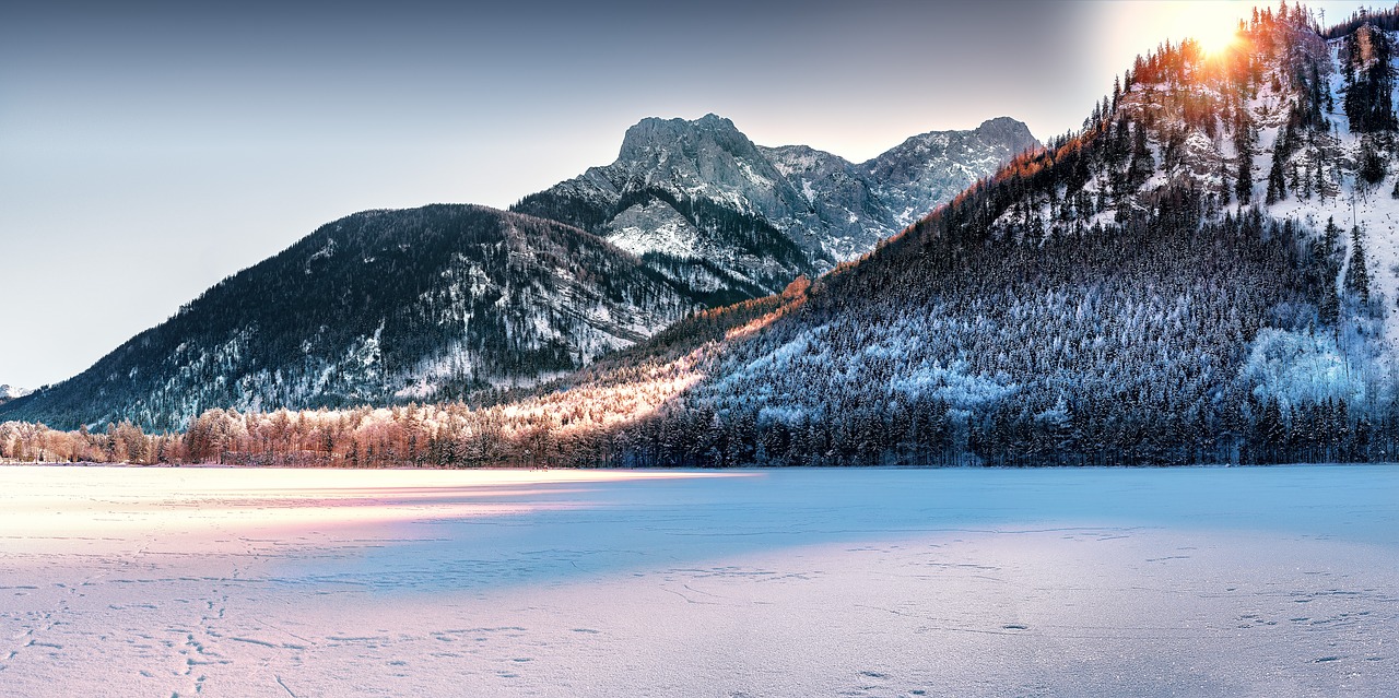 Ežeras, Kalnai, Žiemą, Legginis, Austria, Salzkammergut, Saulė, Saulės Spindulys, Sušaldyta, Ledas