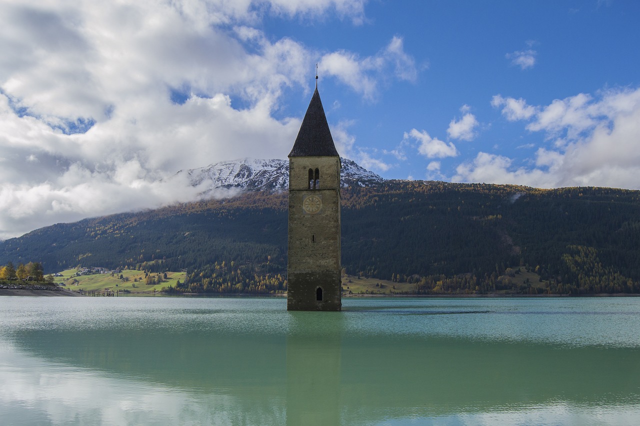 Ežeras, Bokštas, South Tyrol, Laikrodzio Bokstas, Nuskendusios Bažnyčios, Reschen Pass, Dangus, Nemokamos Nuotraukos,  Nemokama Licenzija