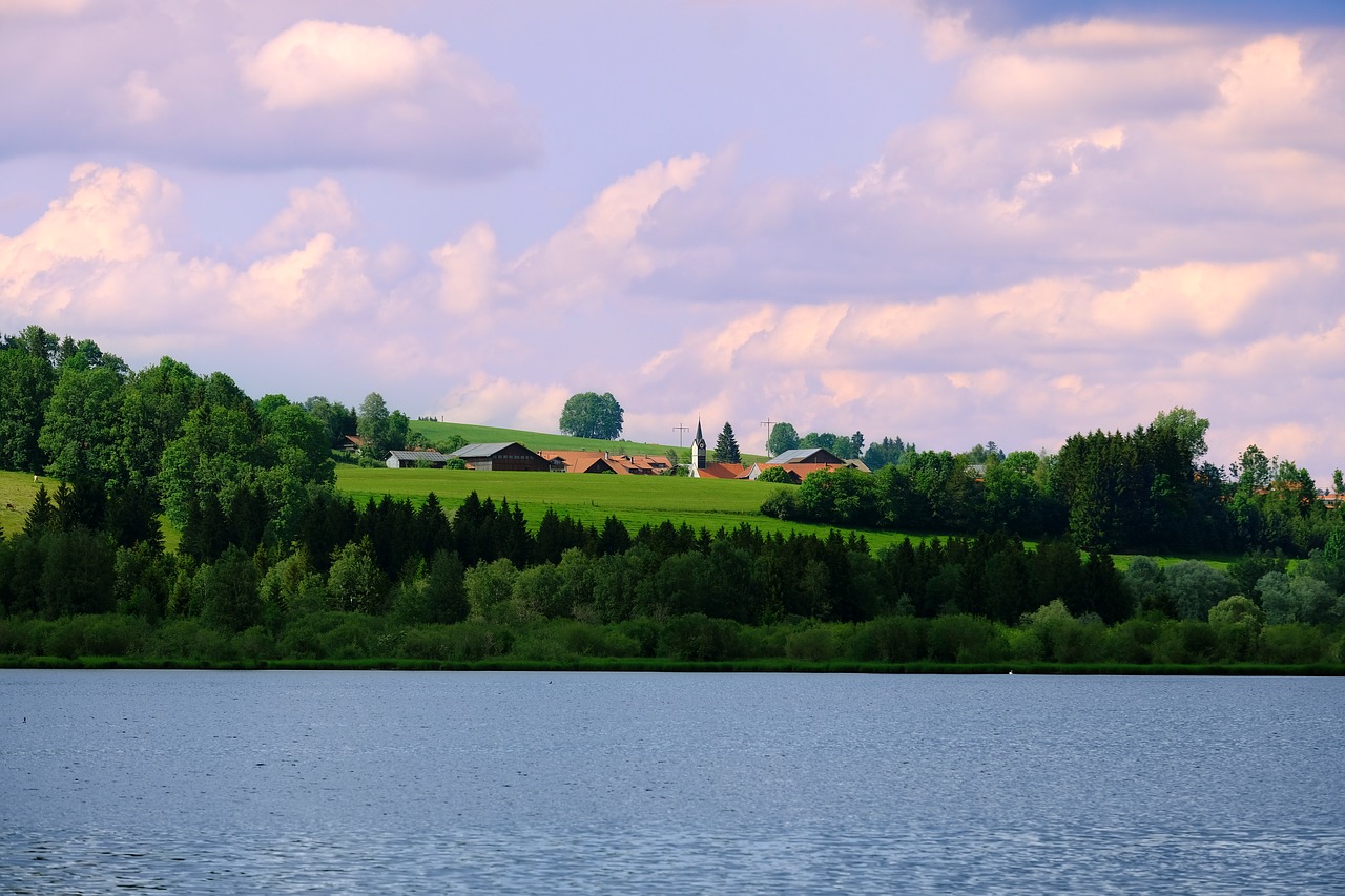 Ežeras,  Vandens,  Kraštovaizdis,  Pobūdį,  Miškas,  Kaimas,  Namai,  Statyba,  Bažnyčia,  Allgäu