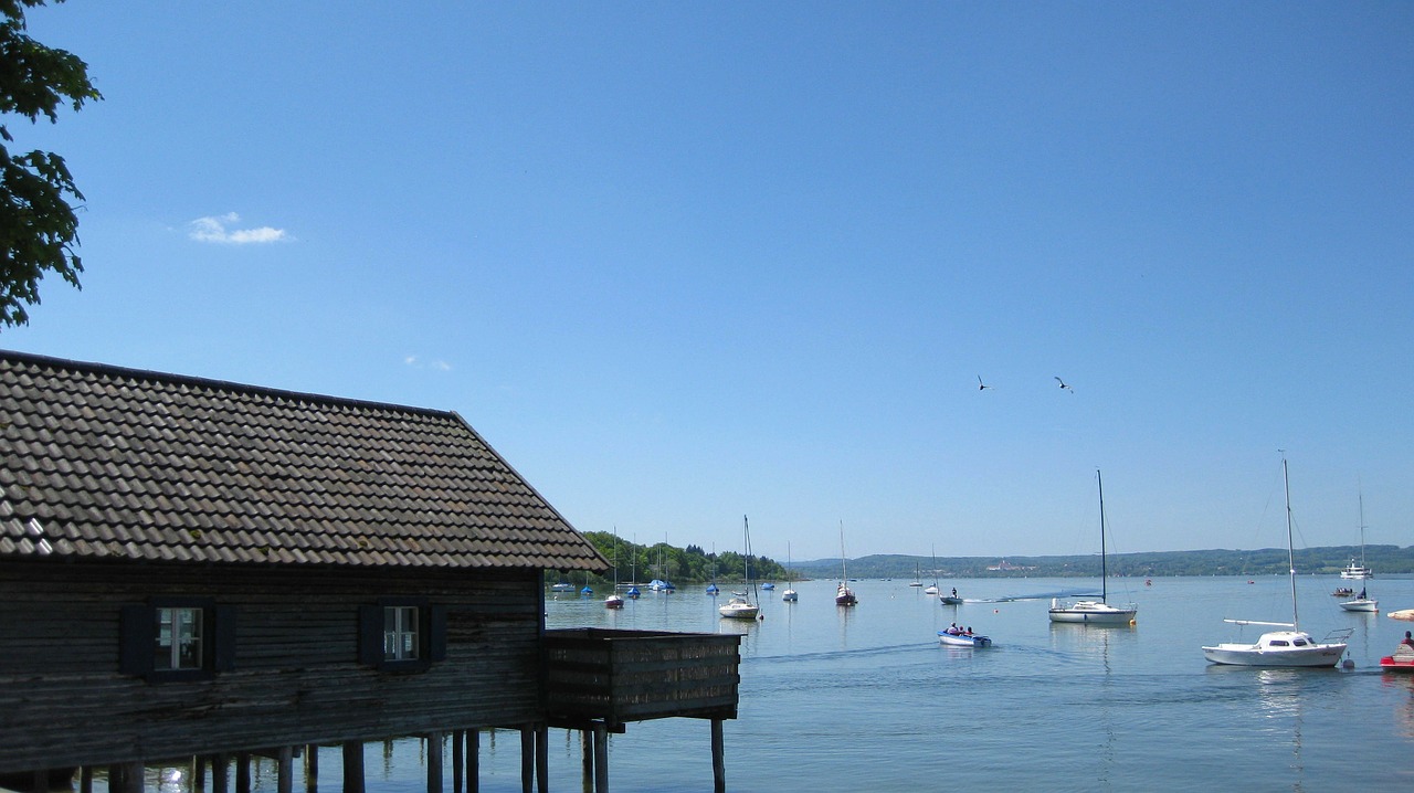 Ežero Ammersee, Bavarija, Vokietija, Valtys, Ežeras, Vanduo, Dangus, Debesys, Vaizdingas, Pastatas