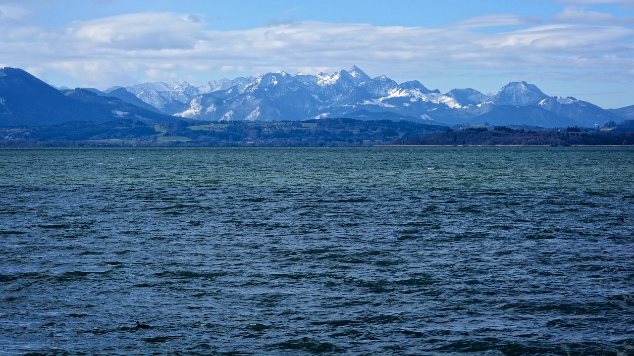 Kraštovaizdis, Chiemsee, Ežeras, Vanduo, Gamta, Bavarija, Kalnai, Mėlynas, Debesys, Toli