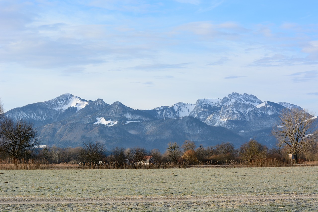 Kraštovaizdis, Chiemgau, Bavarija, Kalnai, Pieva, Ganykla, Gamta, Toli, Žiemą, Tolimas Vaizdas